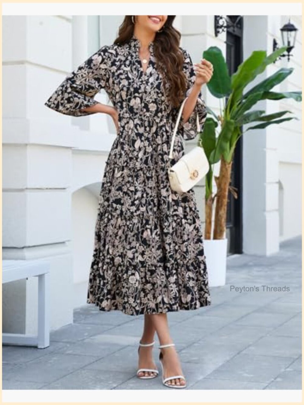 Women's Floral Ruffle Midi Dress V Neck Bell Sleeve Flowy Tiered Long Dress - Picture 2 of 7